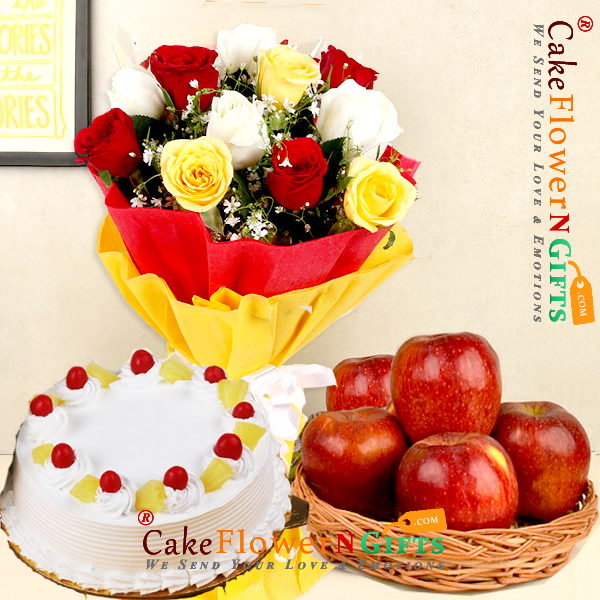 send half kg pineapple cake 10 roses bouquet n 1kg fresh apples in a basket delivery