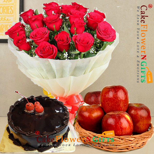 send half kg chocolate cake 20 roses bouquet n 1kg fresh apples in a basket delivery
