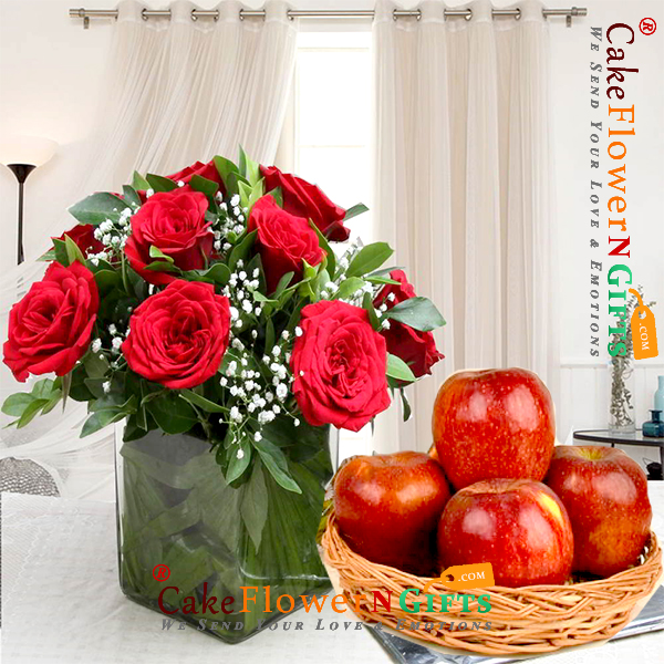 send 10 red roses vase with 1kg fresh apples in a basket delivery