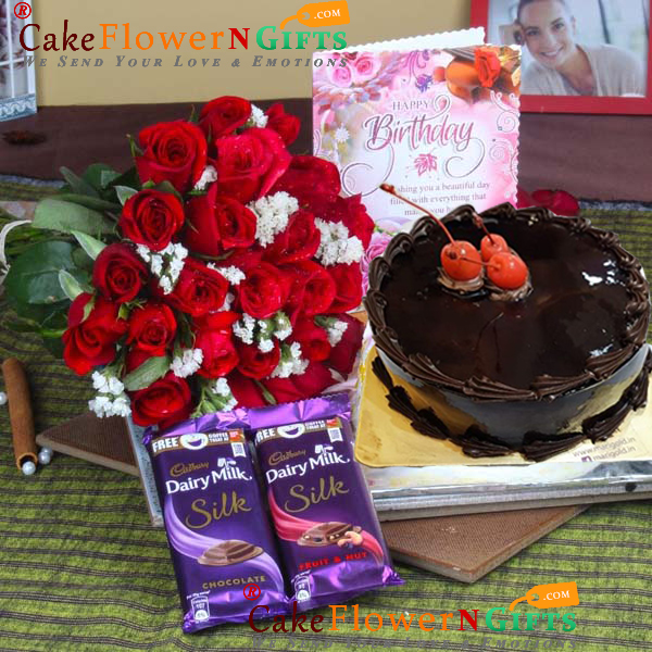send half kg eggless chocolate cake and roses cadbury Silk gift delivery