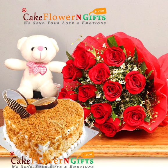 send 1kg eggless butterscotch heart shape cake roses bouquet teddy delivery