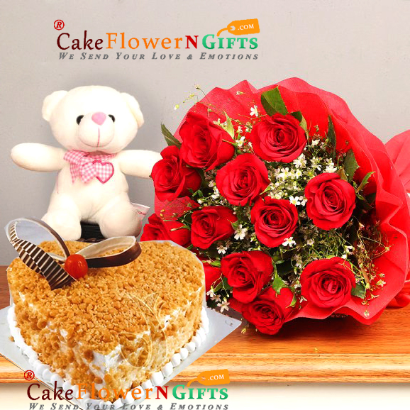 half kg butterscotch heart shape cake roses bouquet teddy