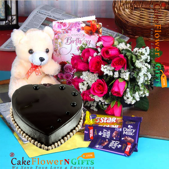 send half kg chocolate cake teddy chocolate roses card delivery
