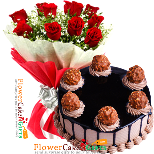 half kg eggless creamy ferrero choco cake n 10 roses bouquet