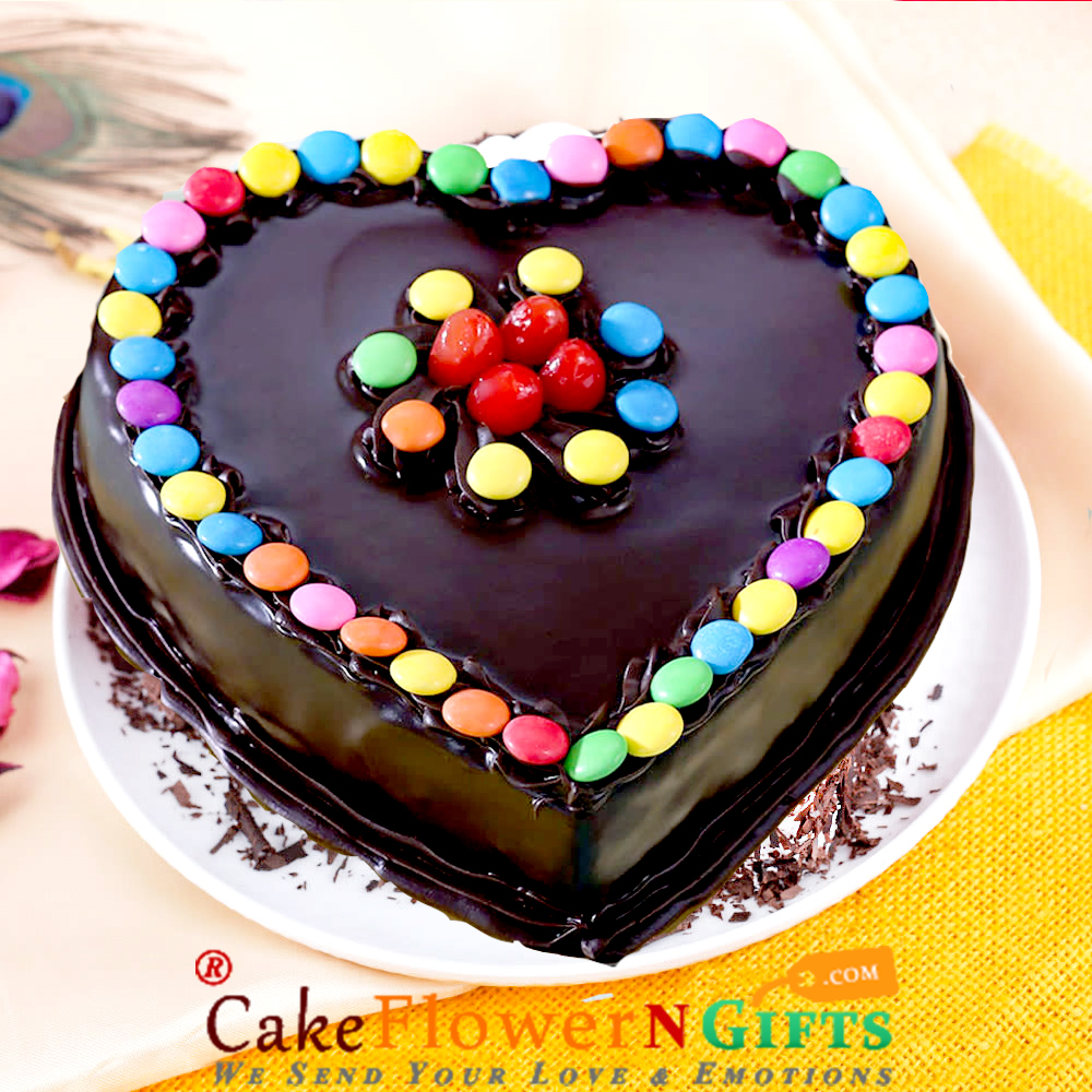 send half kg eggless chocolate truffle gems cake heart shape delivery