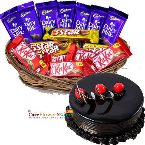send half kg chocolate cake and basket of choco treat delivery