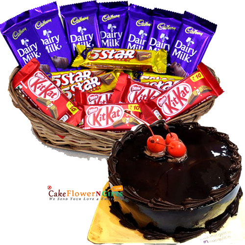 send 1kg chocolate cake and basket of choco treat delivery