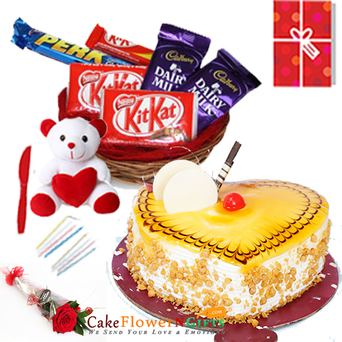 send 1kg butterscotch heart shape cake chocolate teddy delivery