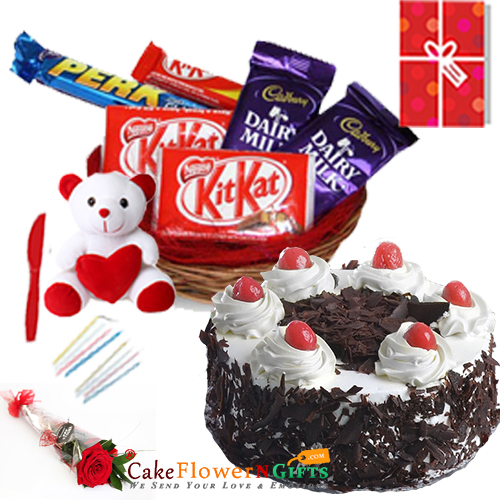 send half kg black forest  cake chocolate teddy for any occasion delivery