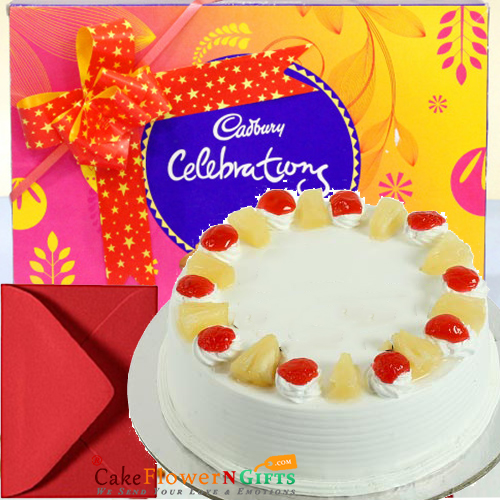 send Pineapple Cake with Cadbury Celebrations Gift Pack n Card delivery