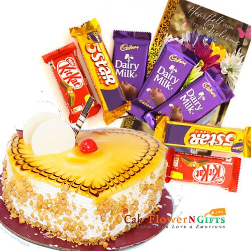 send half kg eggless butterscotch heart shape cake 3 dairy milk 2 five star 2 kit kat delivery