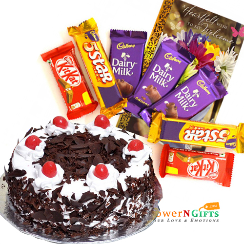 send 1kg black forest cake 3 dairy milk 2 five star 2 kit kat delivery