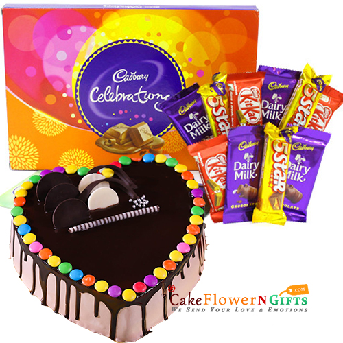 send half kg eggless chocolate heart shape gems cake n chocolate combo delivery
