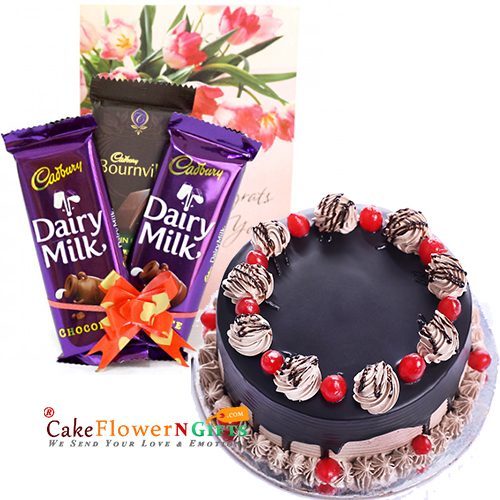 send 1kg eggless gourmet chocolate cake n bournville dairy milk delivery