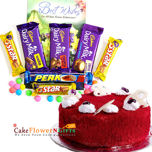send half kg eggless red velvet cake and choco hamper delivery