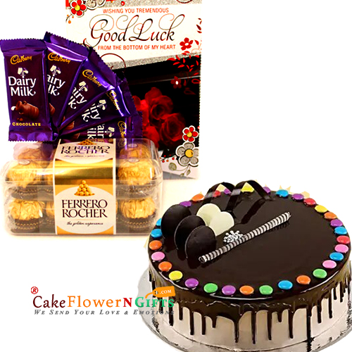 send half kg eggless gems cake n ferrero rocher dairy milk card delivery
