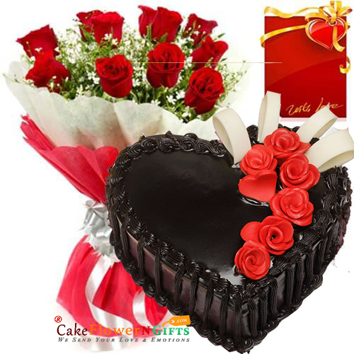 1kg Heart Shaped Chocolate Cake with Red Roses Bunch