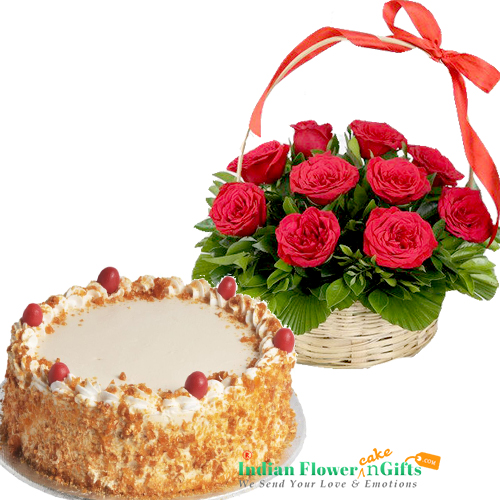 send Butterscotch Cake Half Kg N Red Roses Basket delivery