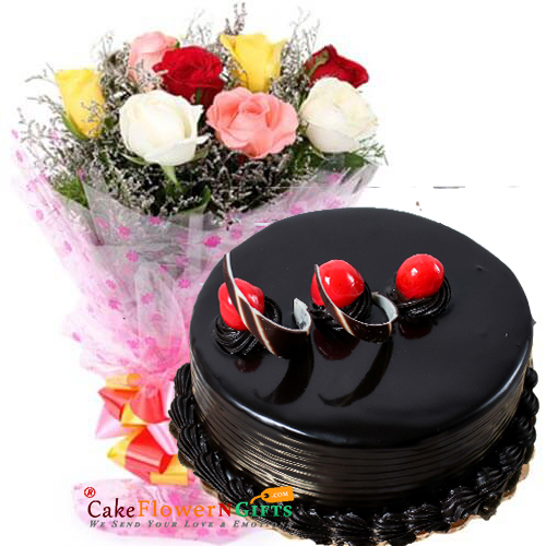 500gms Chocolate truffle Cake with Mix Roses Bunch