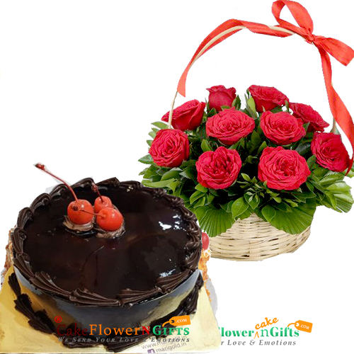 send  Chocolate Traffle Cake Half Kg N Red Roses Basket delivery