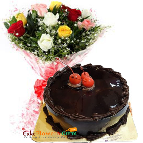 send 1 Kg Chocolate Truffle Cake N Mix Roses Bouquet delivery