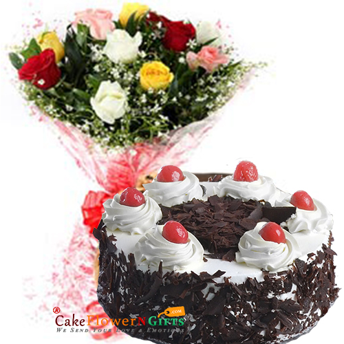 send 1Kg Black Forest Cake N Mix Roses Bouquet delivery