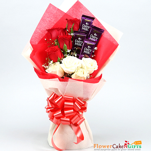send 4 red 4 white roses 4 dairy milk bouquet delivery