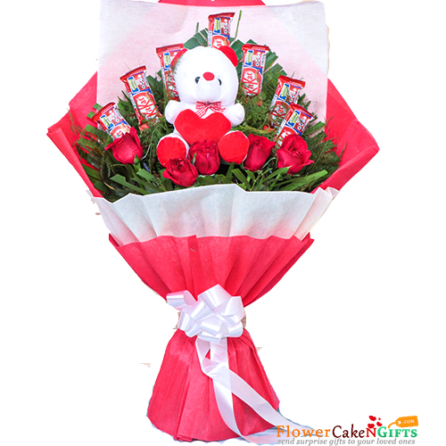 send 5 red roses 7 kit kat teddy bears bouquet delivery