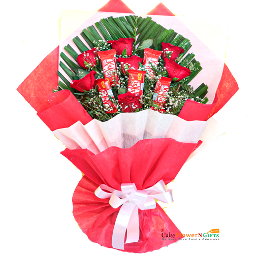 send 7 red roses 5 kitkat chocolate bouquet delivery