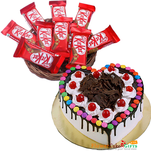 send half kg eggless chocolate gems cake kitkat chocolate basket delivery