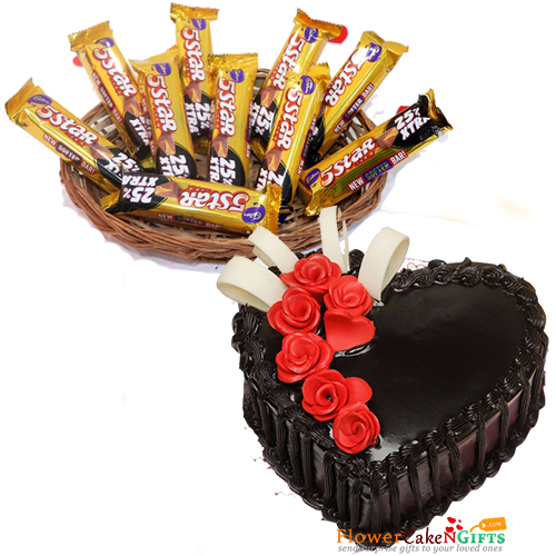 send half kg eggless chocolate cake heart shape n 5 Star Basket delivery