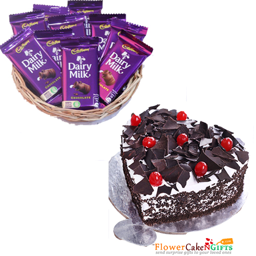 send half kg eggless black forest cake heart shape n dairy milk chocolate Basket delivery