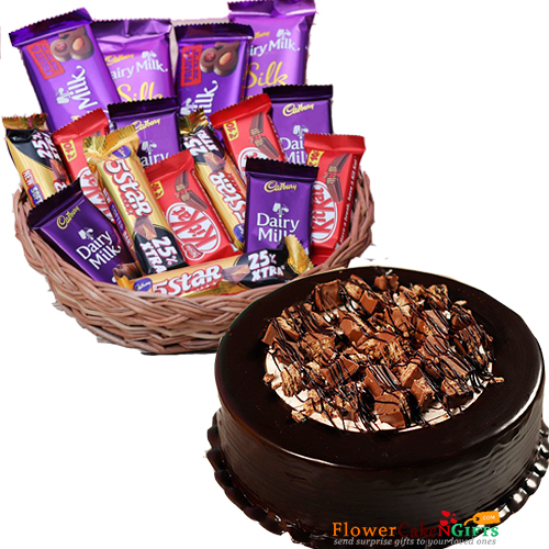 send  half kg eggless kitkat chocolate cake n chocolate gift hamper basket delivery