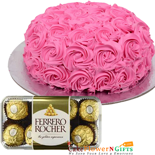 send Half Kg Strawberry Cake Cake 16 Ferrero Rocher Chocolate Gift delivery