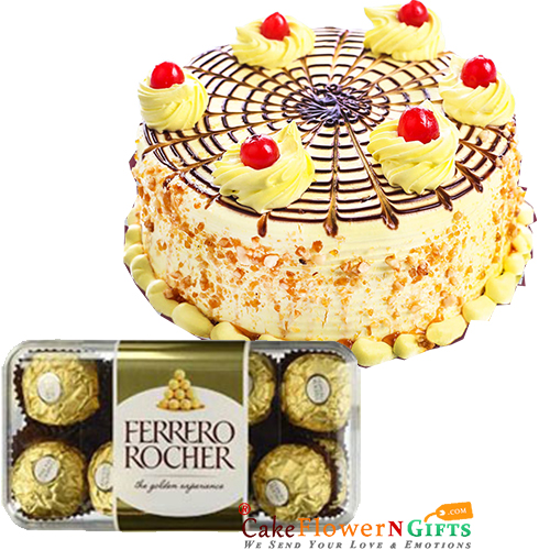 send Half Kg butterscotch cake 16 Ferrero Rocher Chocolate Gift delivery