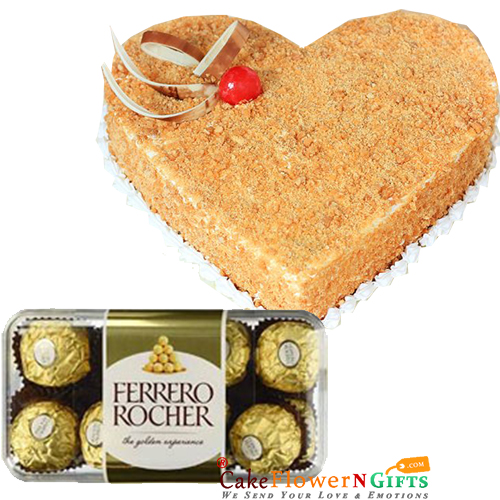 send 1Kg Heart Shape Butterscotch Cake 16 Ferrero Rocher Chocolate Gift delivery