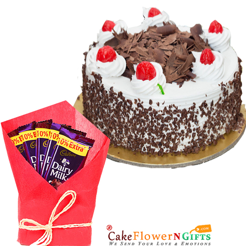 send 1Kg Black Forest Cake Cadbury Dairy Milk Chocolates Gifts delivery