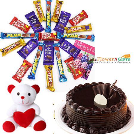 send half kg chocolate cake teddy n chocolate delivery