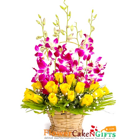 send 15 roses and 6 orchid flower basket delivery