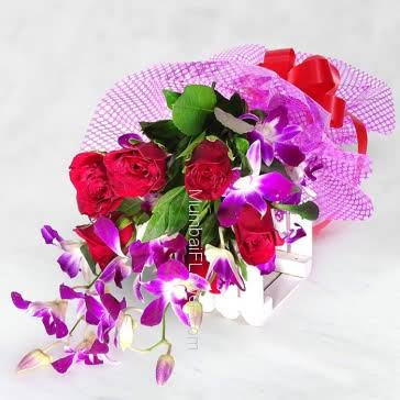 send 5 red roses and 4 orchid flower bouquet delivery