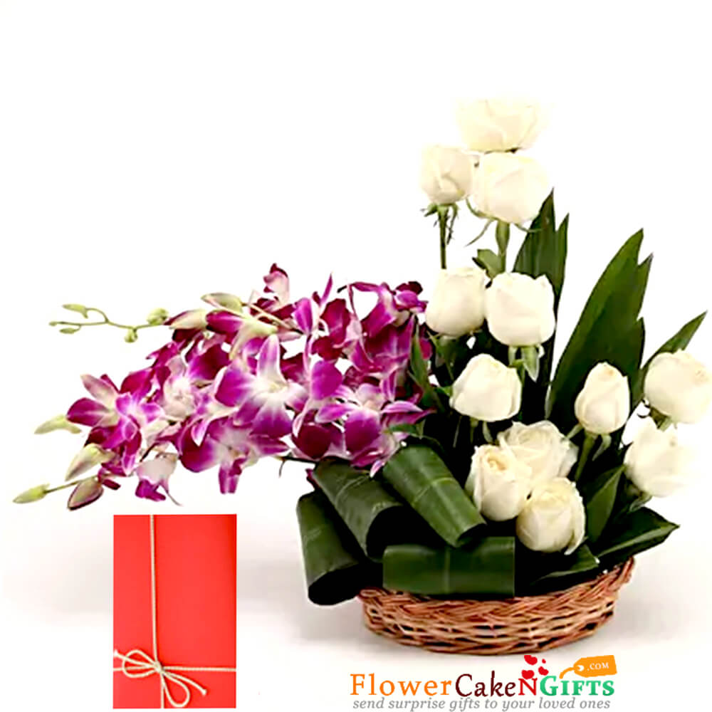 send 12 white roses 6 orchids arrangement delivery