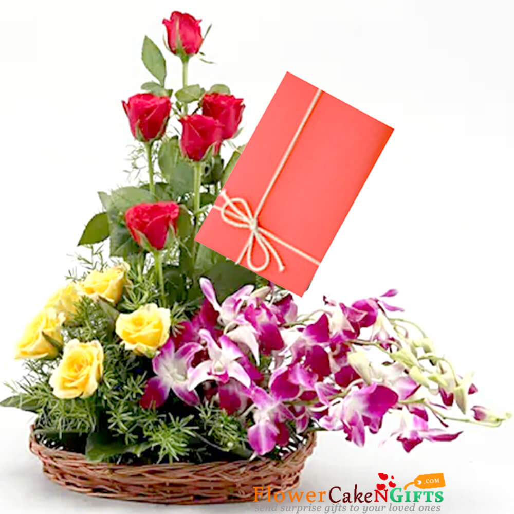 send 10 roses 4 orchid beautifully arranged in a basket delivery