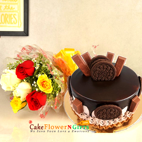 send kitkat oreo chocolate cake with 6 roses bouquet delivery