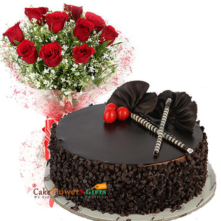 send half kg choco chips cake and 10 red roses bouquet delivery