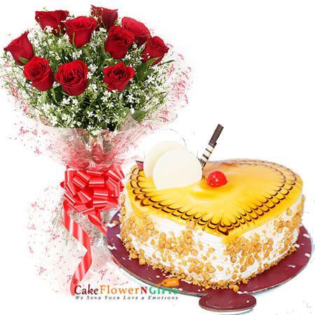 send half kg eggless butterscotch cake heart shaped and 10 red roses bouquet delivery