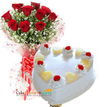 send half kg eggless pineapple cake heart shape 10 red roses bouquet delivery
