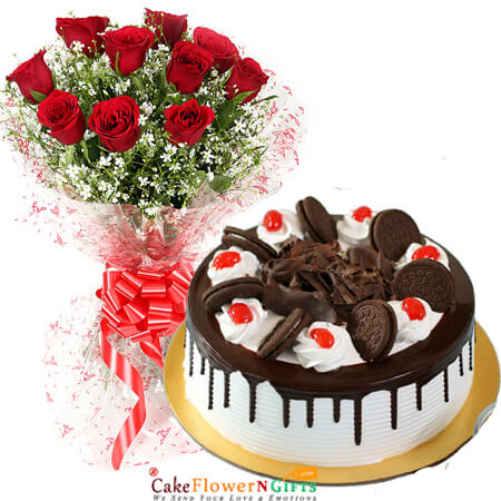 send half kg eggless oreo cake 10 red roses bouquet delivery