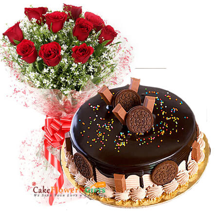 send half kg eggless kitkat oreo chocolate cake 10 red roses bouquet delivery