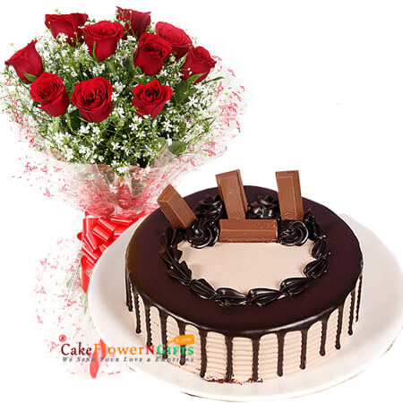 send half kg kitkat chocolate cake 10 red roses bouquet delivery