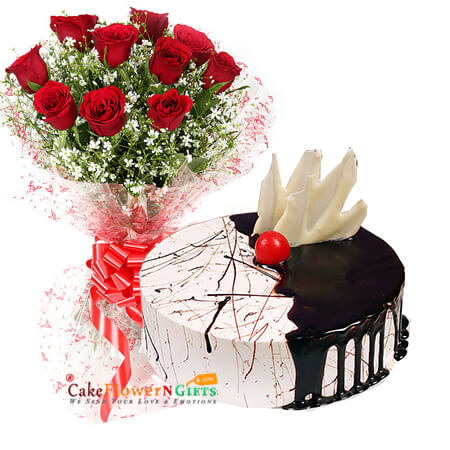 send half kg choco vanilla cake 10 red roses bouquet delivery